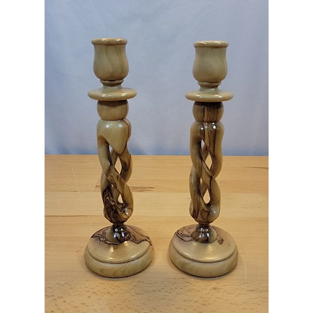 Vintage Twisted Turned wooden candlestick holders Pair carved spiral twist 7.5”